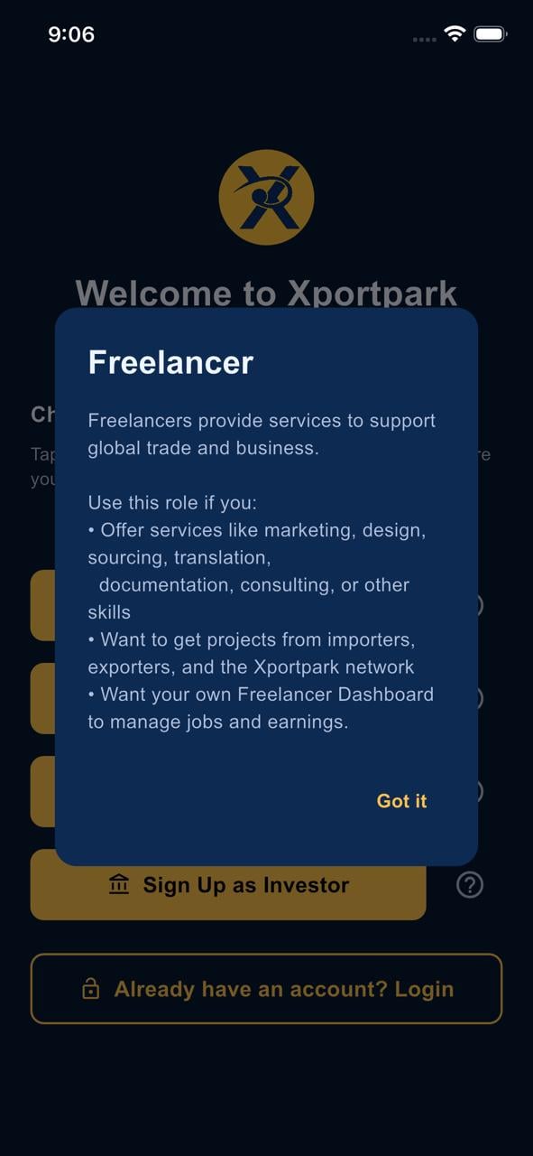 Xportpark App — Freelancer Signup