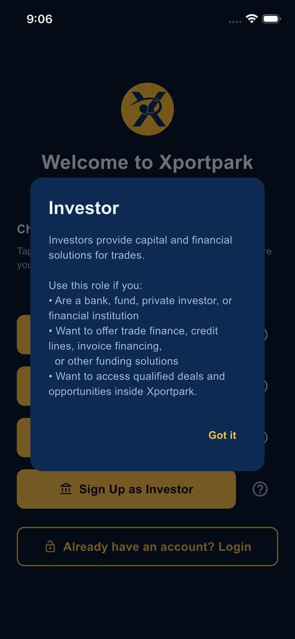 Xportpark App — Investor Signup